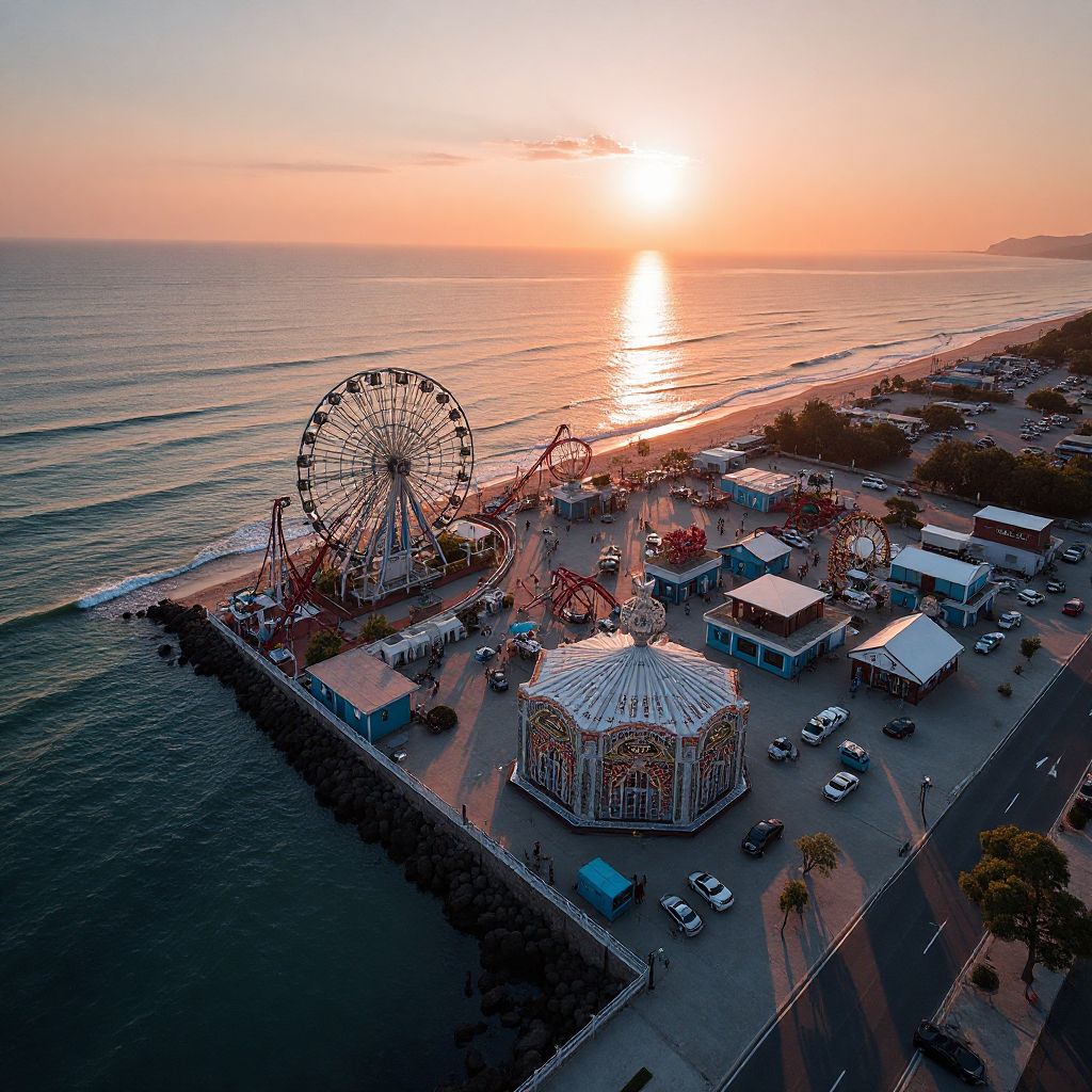 Panoramic view of Oceanview Fun Park showing all attractions and the coastline