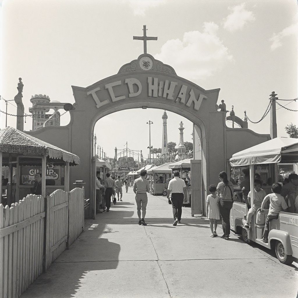 Black and white photograph from the 1980s showing the original Oceanview Fun Park entrance