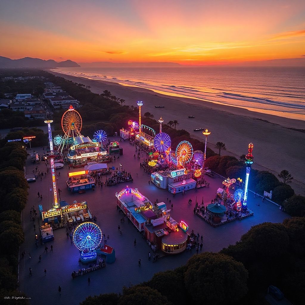 Aerial view of the park at sunset with all rides illuminated