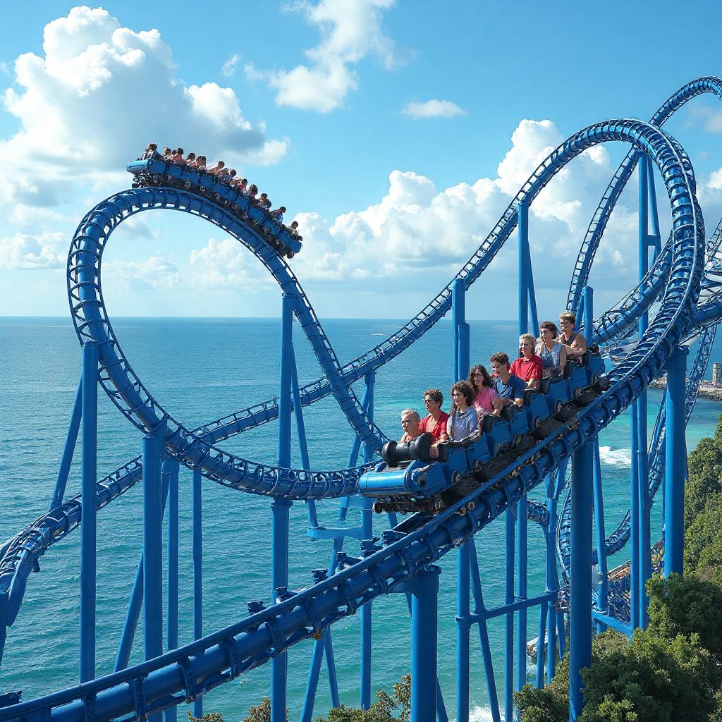 The Oceanic Plunge roller coaster with ocean backdrop