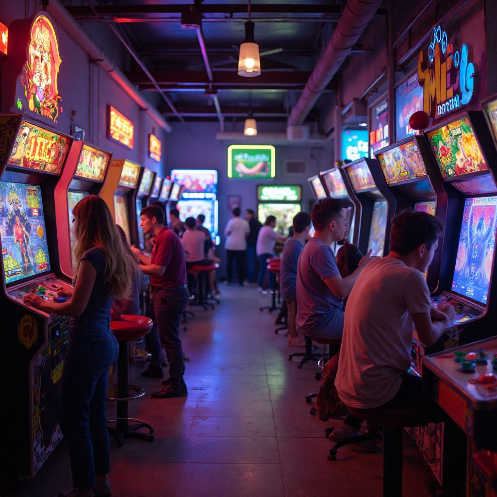 Vintage and modern arcade games with flashing lights