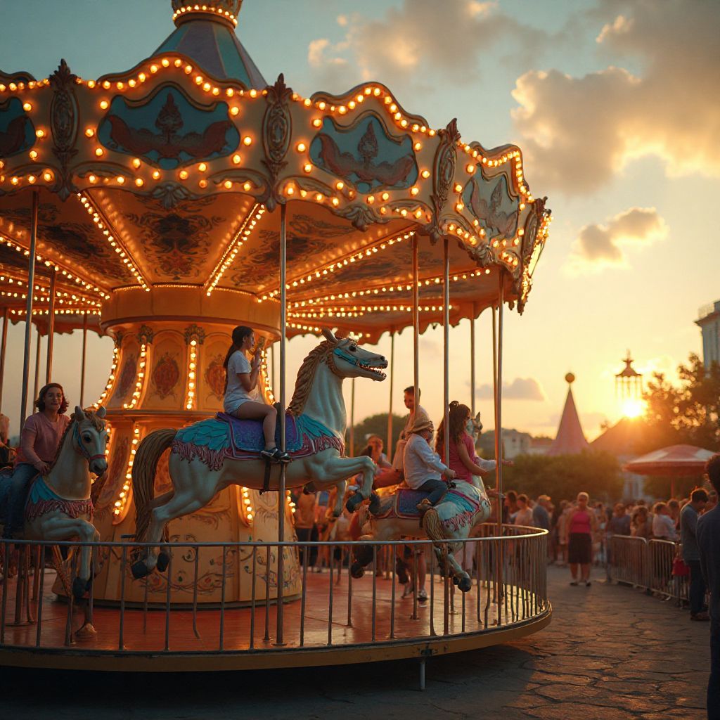 Families enjoying the colorful merry-go-round at sunset