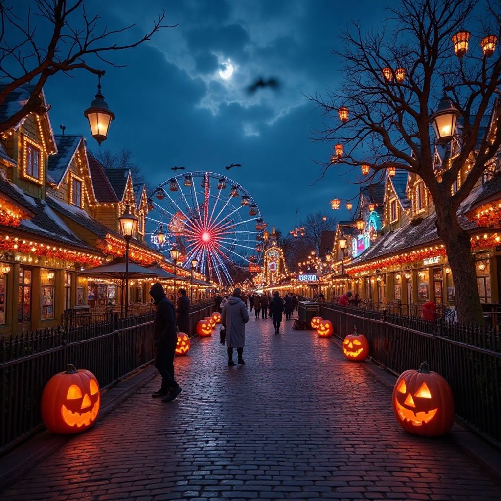 Halloween decorations and costumed characters throughout the park