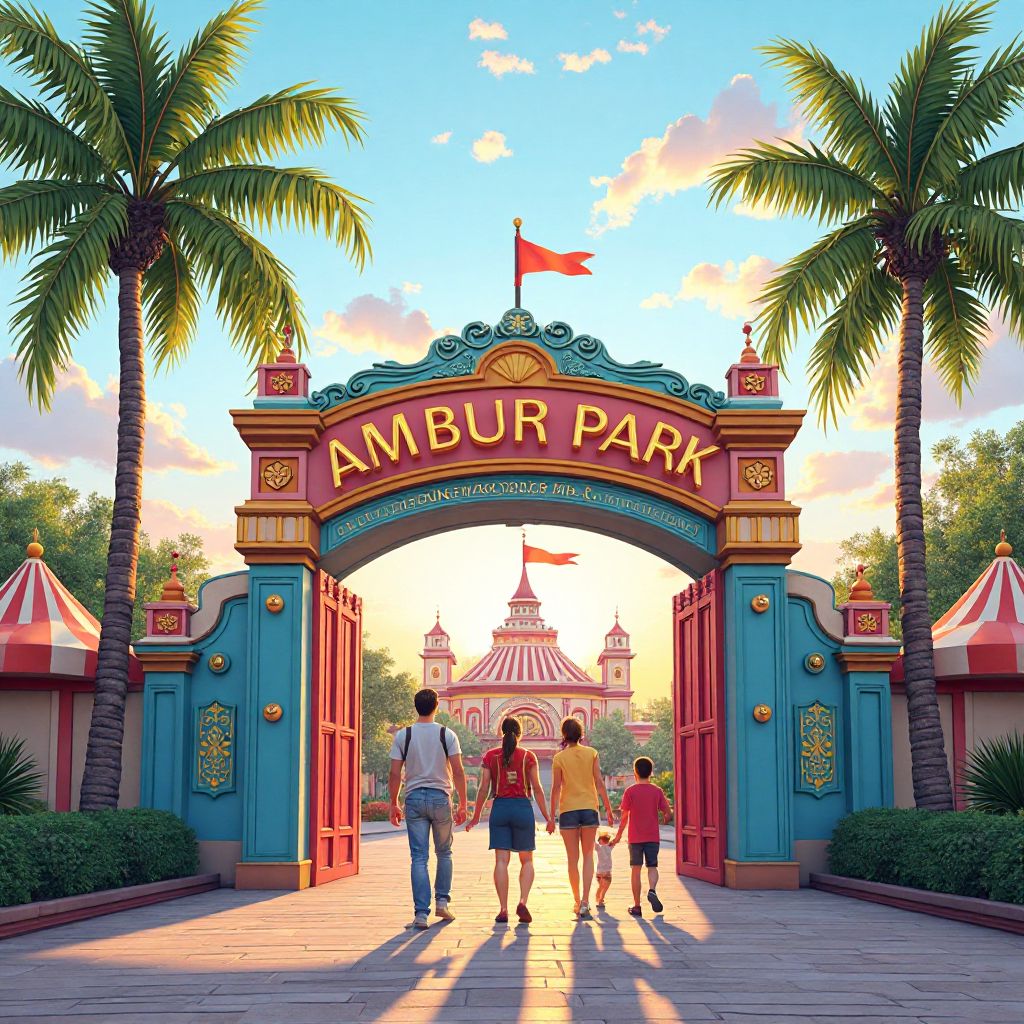 The colorful entrance to Oceanview Fun Park with palm trees and excited visitors