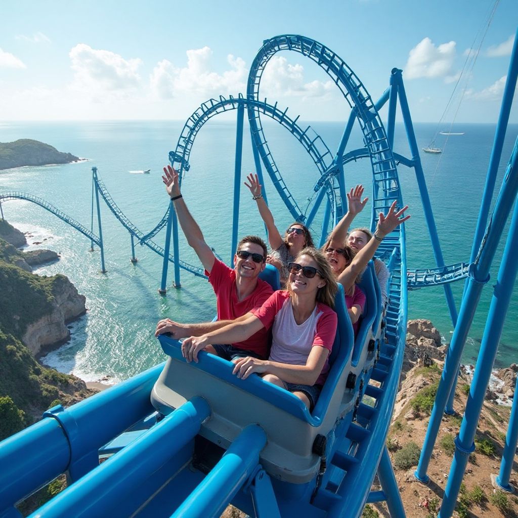 The Oceanic Plunge rollercoaster racing along the coastline