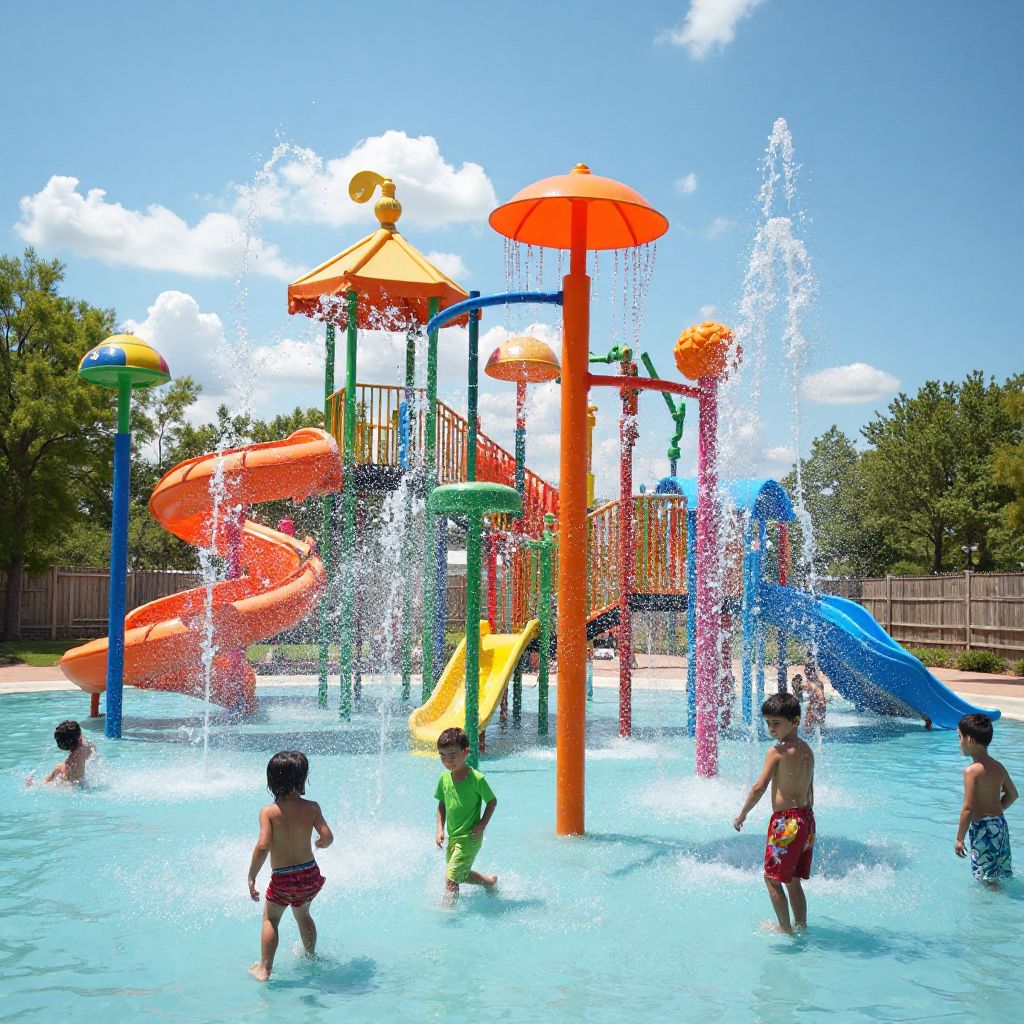 Splash zone with water jets and laughing children