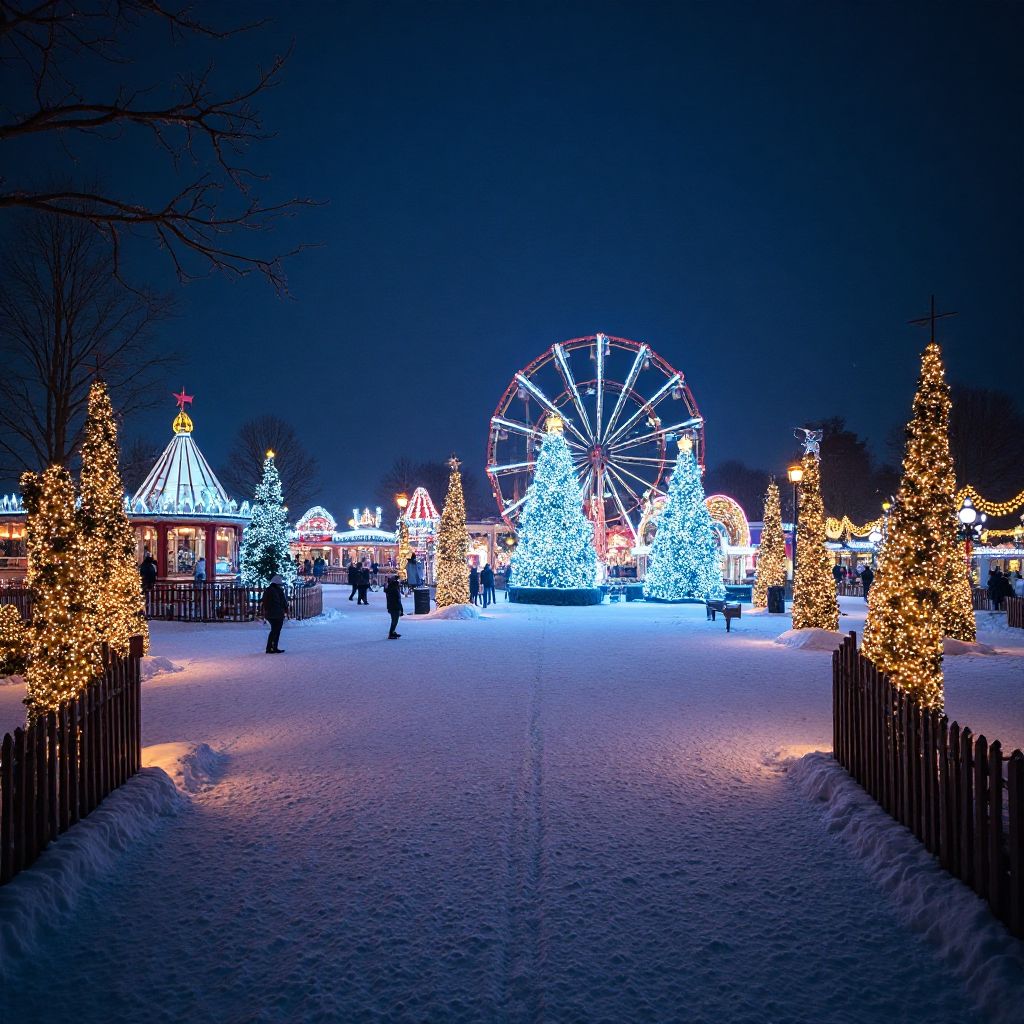 Park decorated with festive lights and holiday decorations